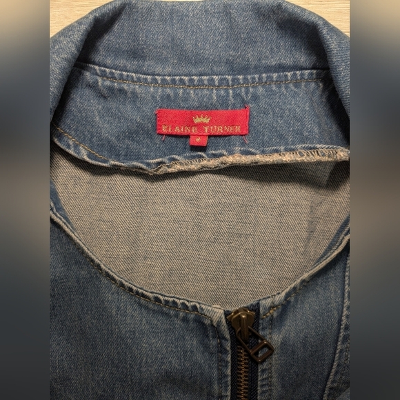 Elaine Turner Medium Wash Faded Asymmetric Full Zip Denim Jean Moto Jacket Biker - Picture 8 of 10